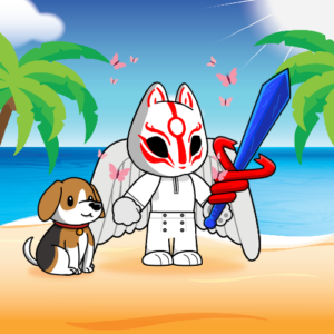 Image Masked Kitsune Sidekick Character with wings, and white costume, holding the Sword of Hope with his pet dog, in an Island