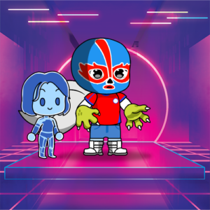 Image of a Luchador Sidekick character, with monster claws, vibrant colors and dynamic pose