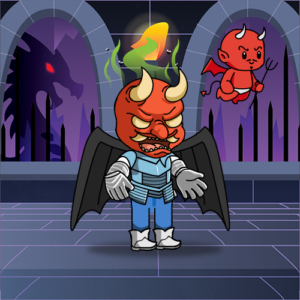 Image of Oni Masked Sidekick character with black wings in his lair, with a shadow of black dragon, with baby demon as pet